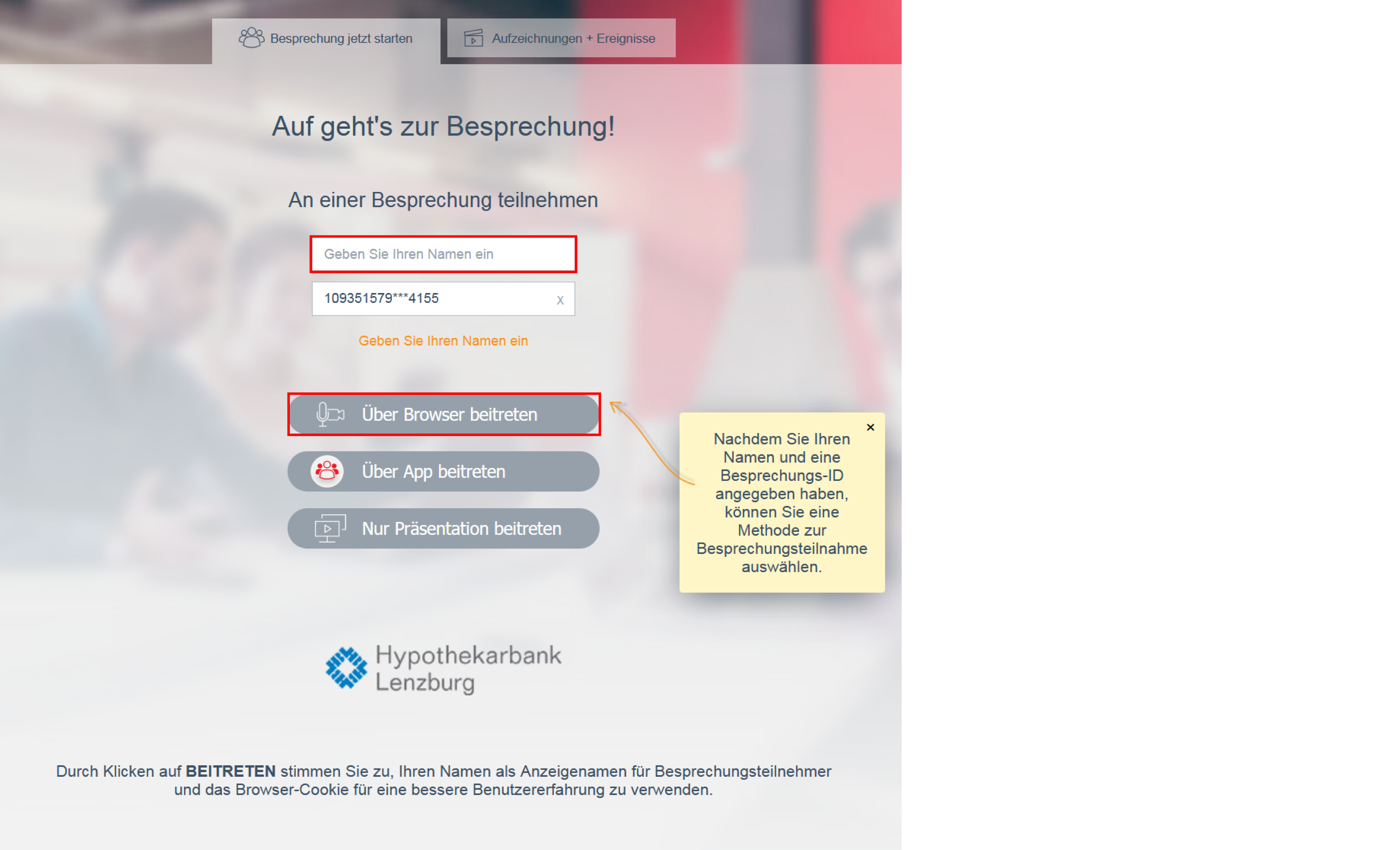Ueber Browser Beitreten